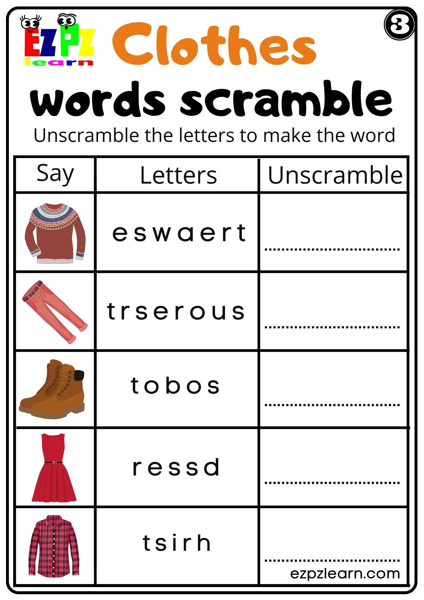 Clothes Word Scramble Worksheet for Kindergarten K5 and ESL set 3